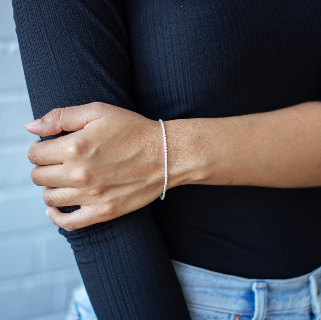 White Pearls Set - Small Silver Hoop Earrings & Classic Bracelet Single Strand Rice Pearl - Camillette